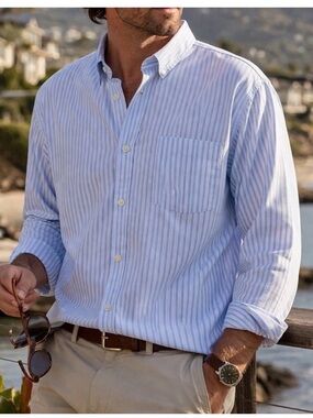 Orvis Men XXL Dress Shirt Blue White Stripe Long Sleeve Fishing Outdoor Casual